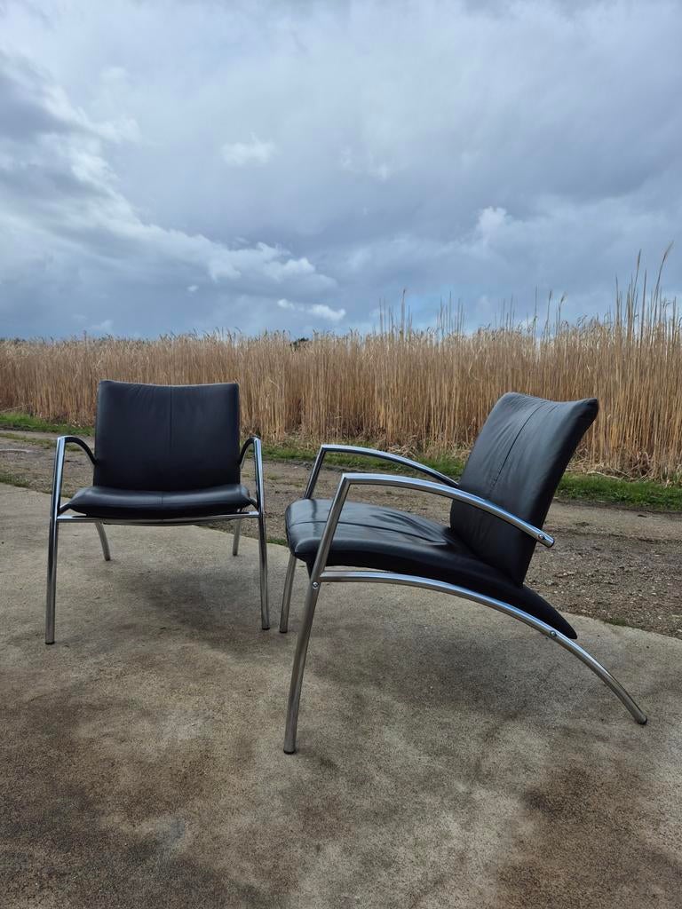 Set 2 vintage Kebe Sit stoel zwart leer tubular chroom, Ophalen, Minder dan 75 cm, Leer, Postmodern post modern bauhaus