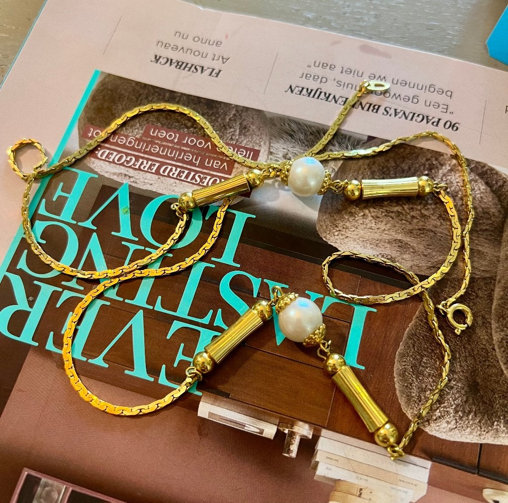 Vintage lange vergulde parelketting halsketting parels boho, Ophalen of Verzenden, Zo goed als nieuw, Goud, Overige materialen