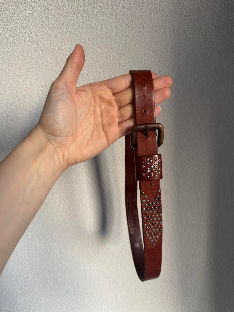 Vintage Petrol smalle bruine leren riem met studs, Bruin, Minder dan 80 cm, Echt leder, Heupriem