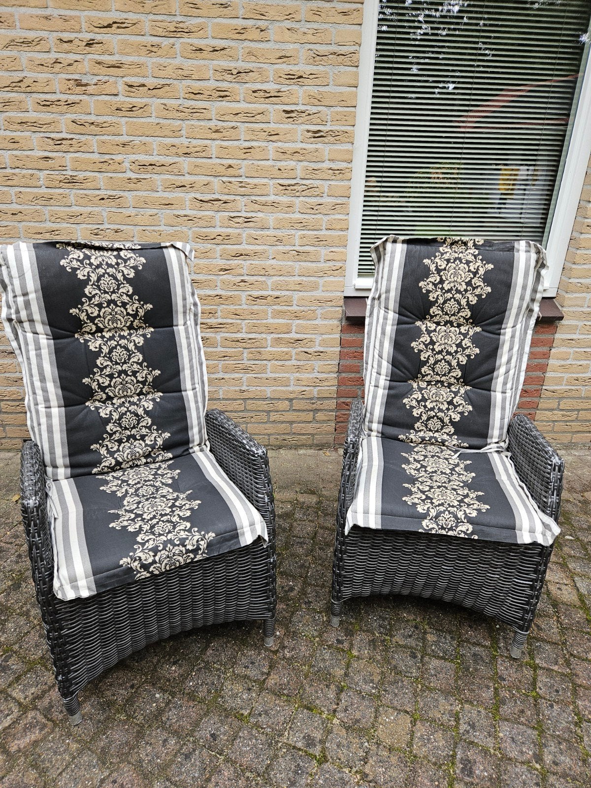 2 verstelbare loungestoelen antraciet wicker, Ophalen of Verzenden, Gebruikt, Kunststof, Verstelbaar