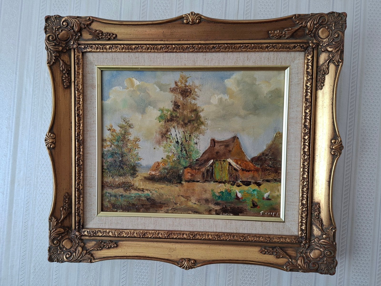 Schilderij Landschap met boerderij en kippen, gesigneerd, Doek, Ophalen of Verzenden, Landschap, Olieverf