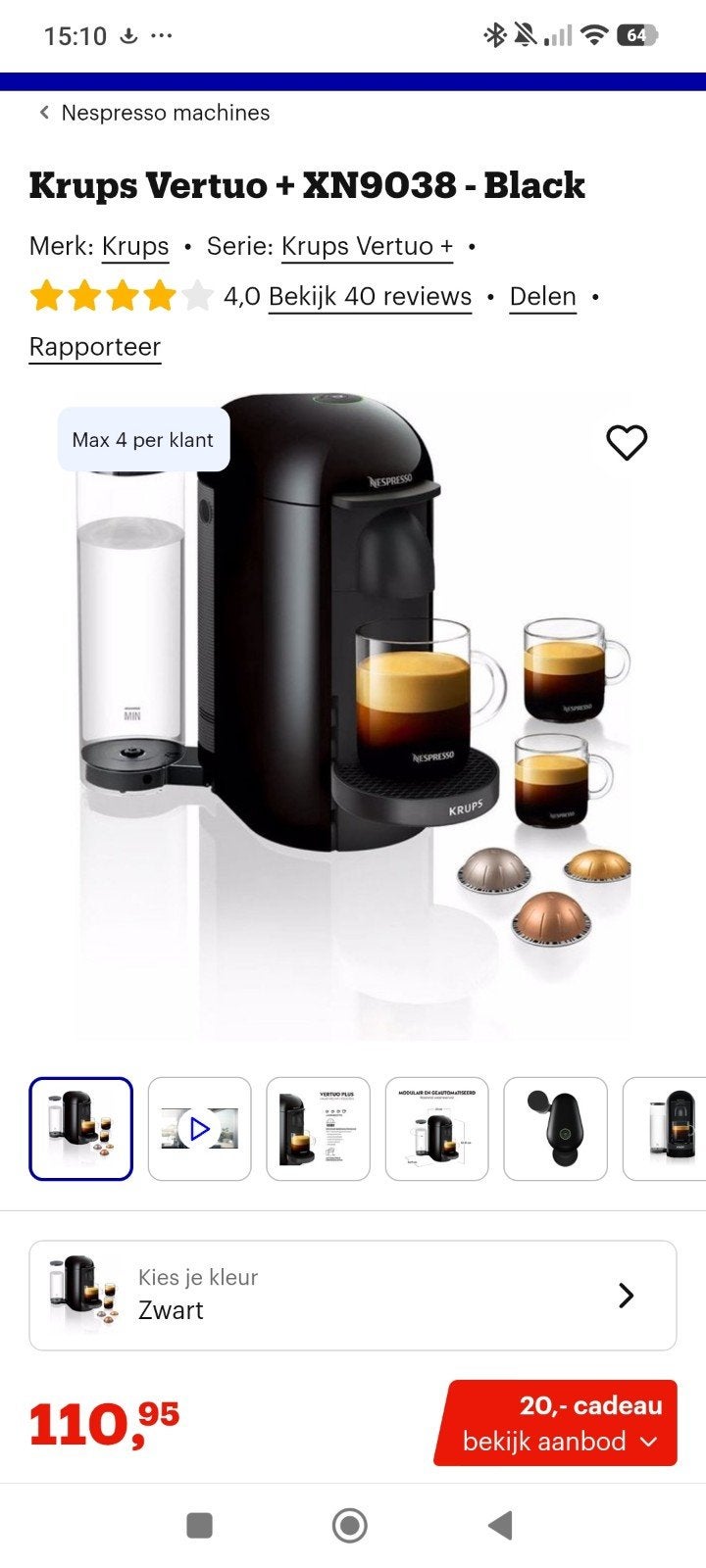 Krups Vertuo Plus Nespresso Koffiemachine, Witgoed en Apparatuur, Koffiezetapparaten, Ophalen of Verzenden, Zo goed als nieuw