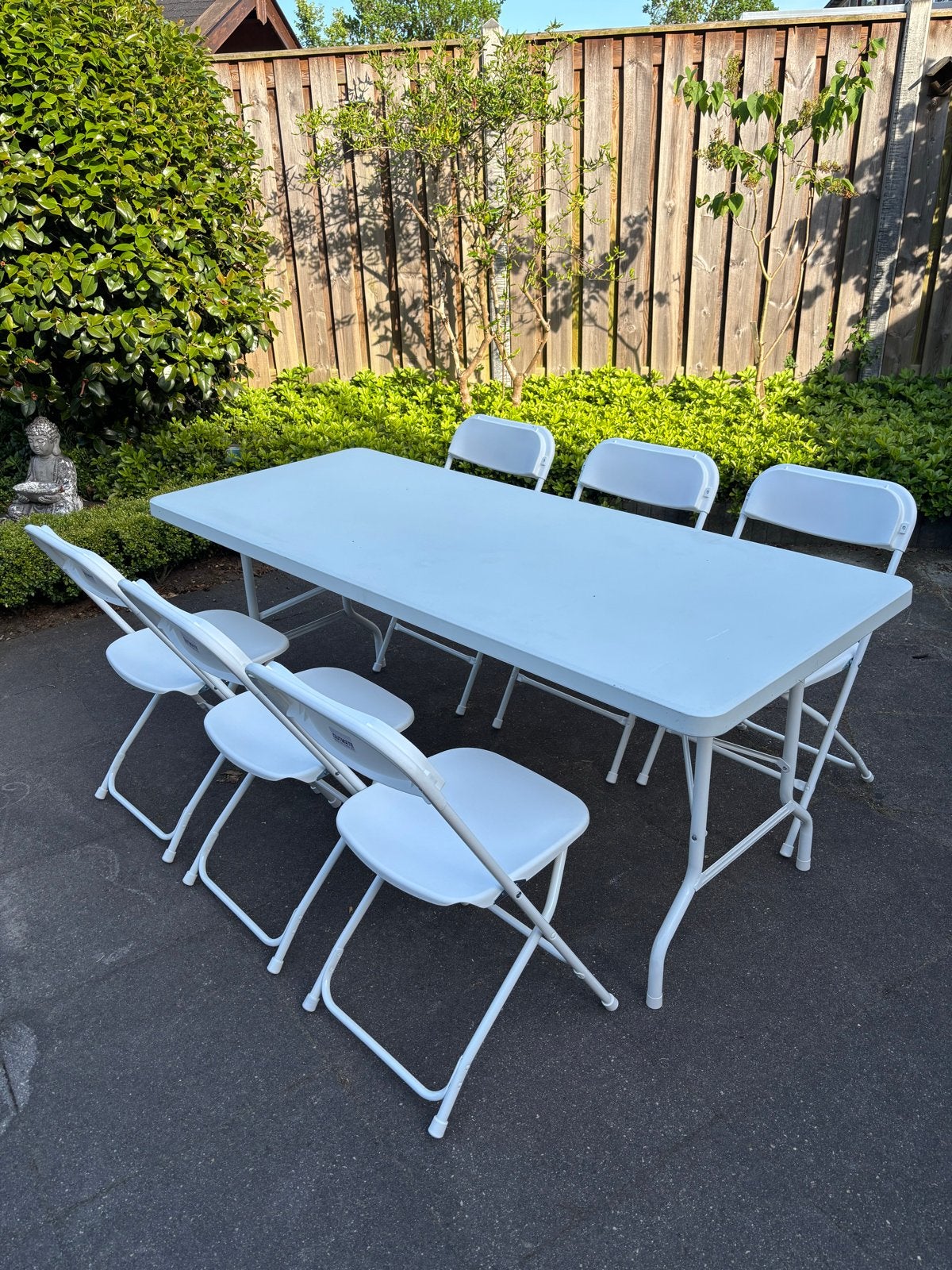Klaptafel en klapstoelen te huur, Ophalen, Kunststof, Gebruikt, Wit