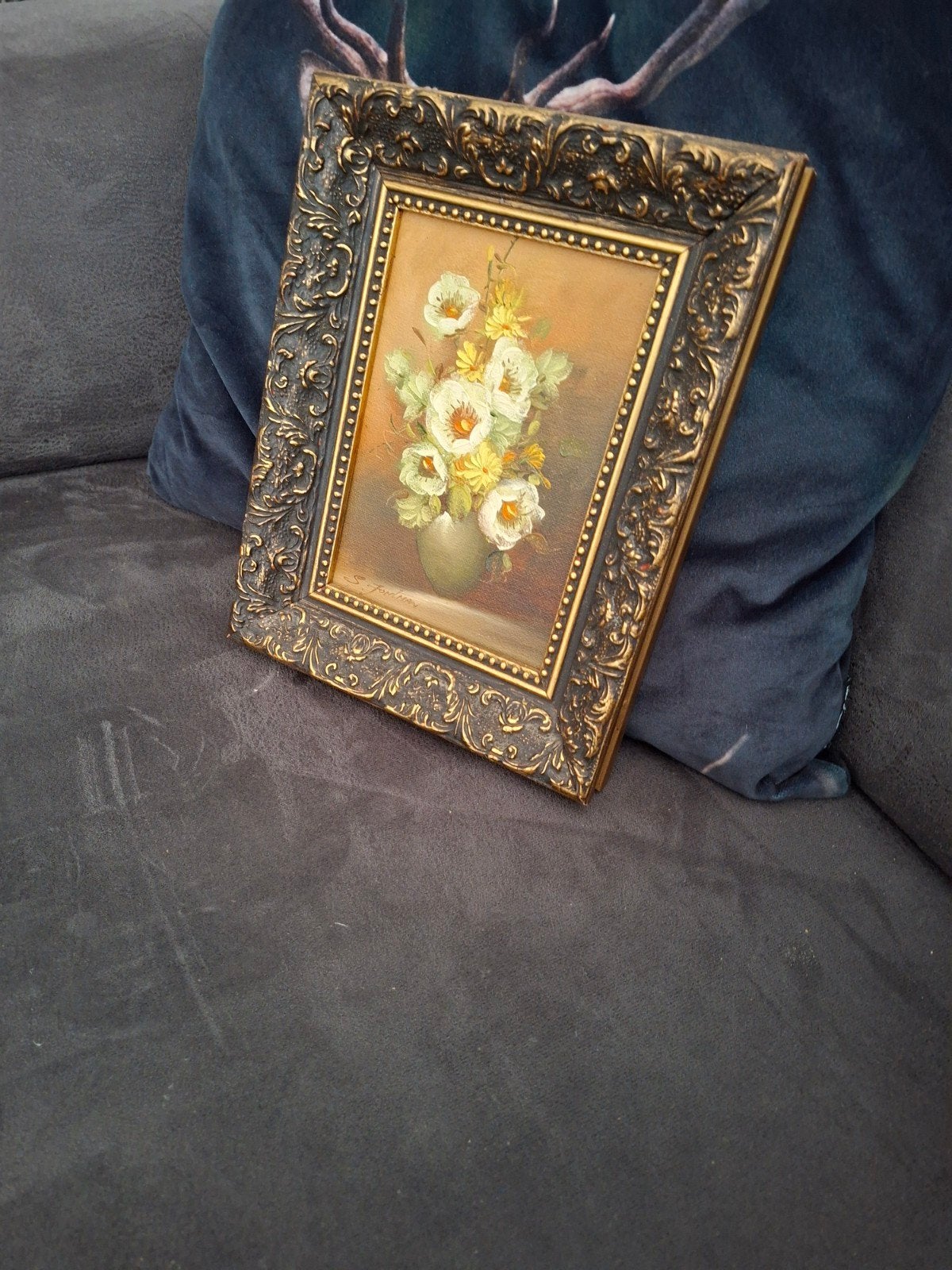 vintage  olieverf schilderij  in baroklijst - Gesigneerd, Bloemen, Paneel, Ophalen of Verzenden, Bijzondere lijst