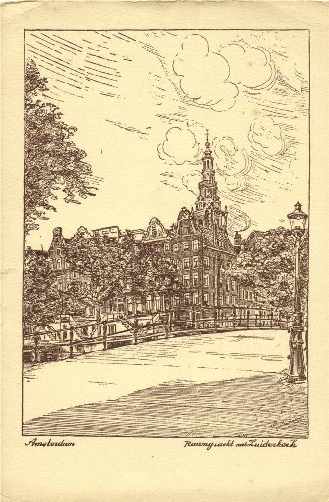 Amsterdam, Raamgracht met Zuiderkerk - tekening - ongelopen, Ophalen of Verzenden, 1940 tot 1960, Ongelopen, Noord-Holland