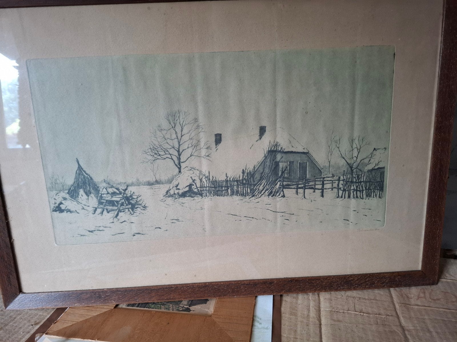 Pentekening Paul van der Ven - Winterlandschap in lijst, Ophalen of Verzenden
