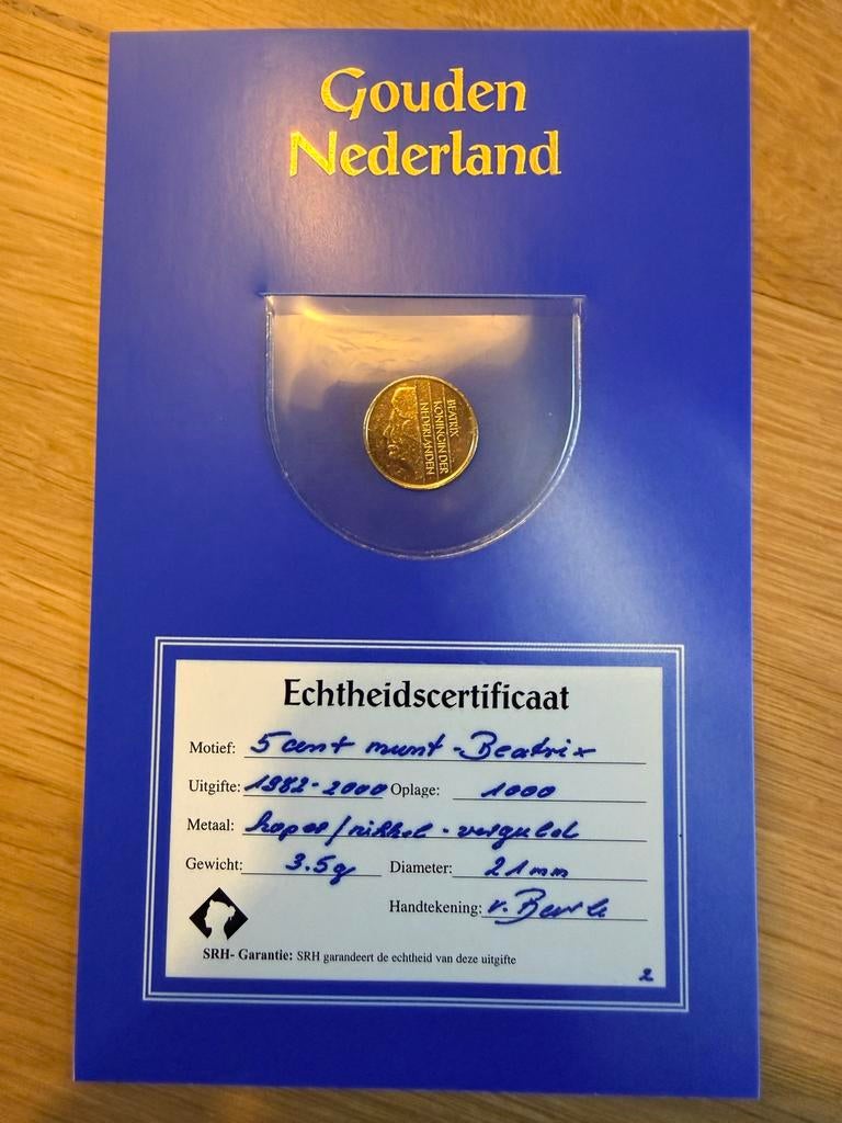 Vergulde 5 cent Beatrix, Koningin Beatrix, Losse munt, 5 cent, Goud