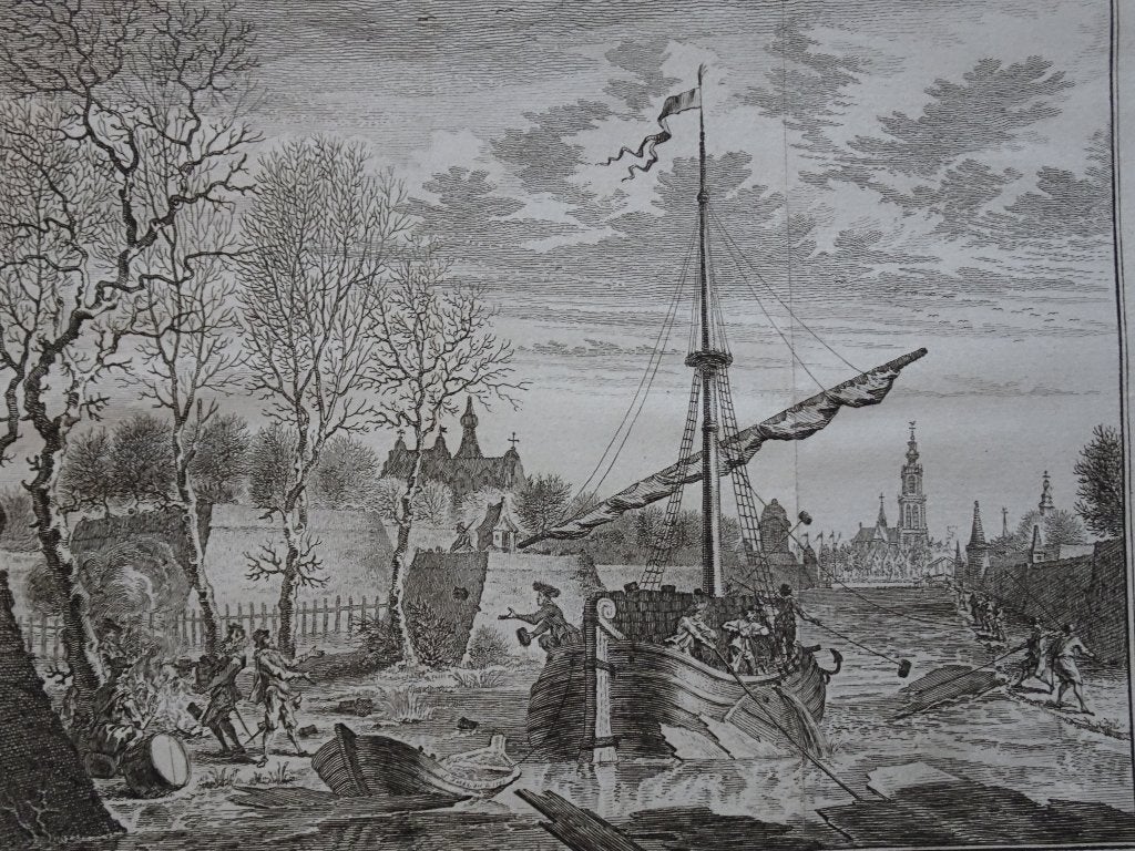 gravure kasteel Breda verrast door Turfschip, Tirion 1745, Verzenden, Stadsgezicht, Gravure, Origineel