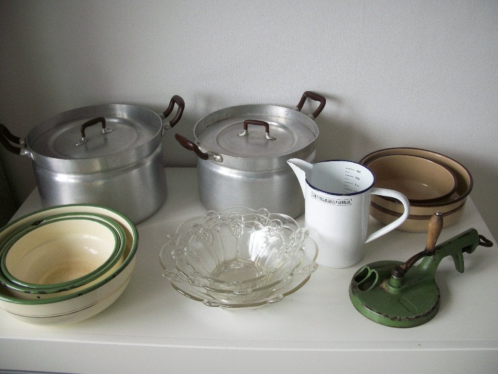 5 Nestschalen Maatbeker Emaille Glas 2 Pannen Vroeger p.stuk, Antiek en Kunst, Ophalen of Verzenden