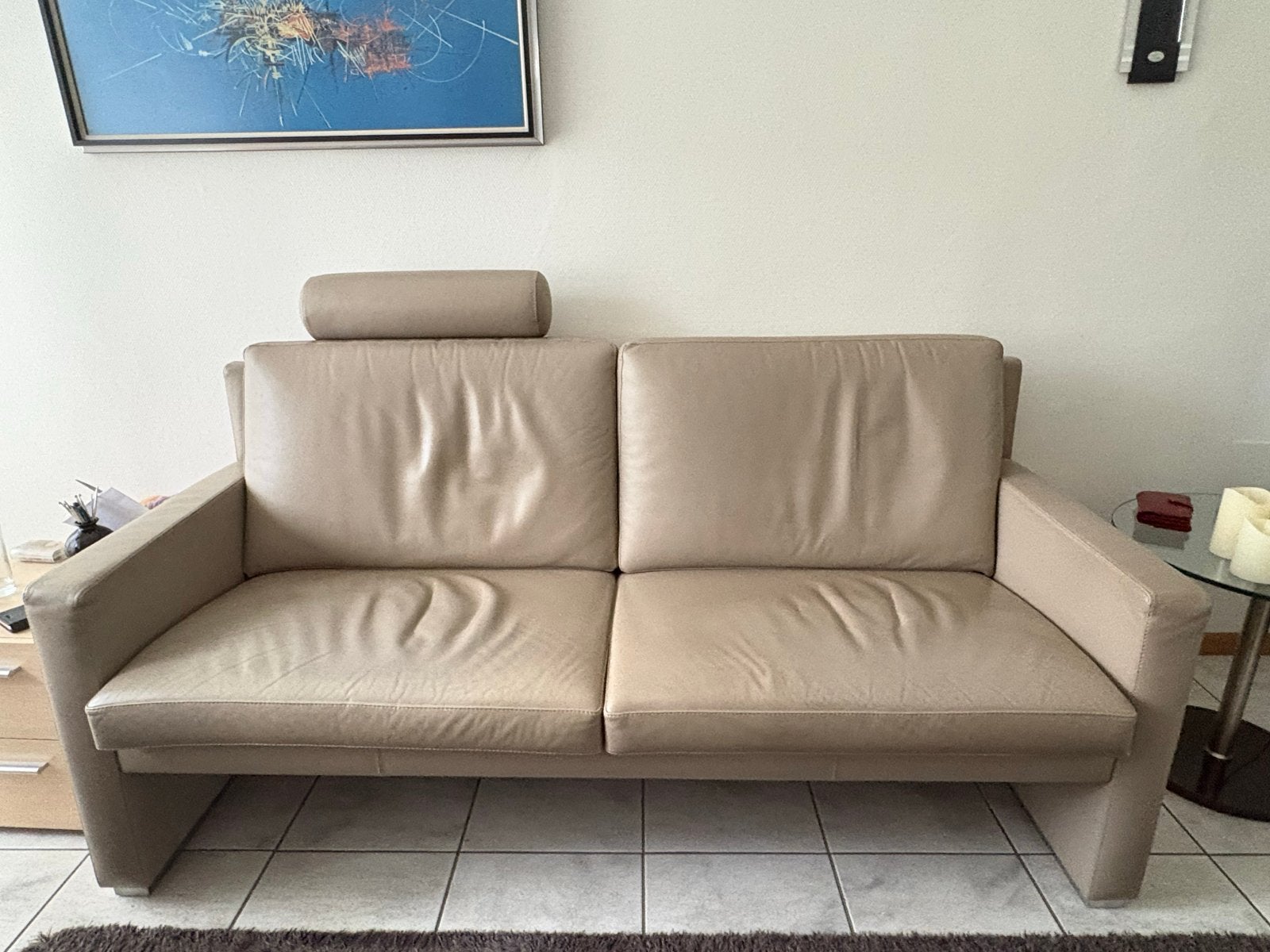 Leren 2x 2-zitsbank - Beige, Ophalen, Gebruikt, 150 tot 200 cm, Tweepersoons