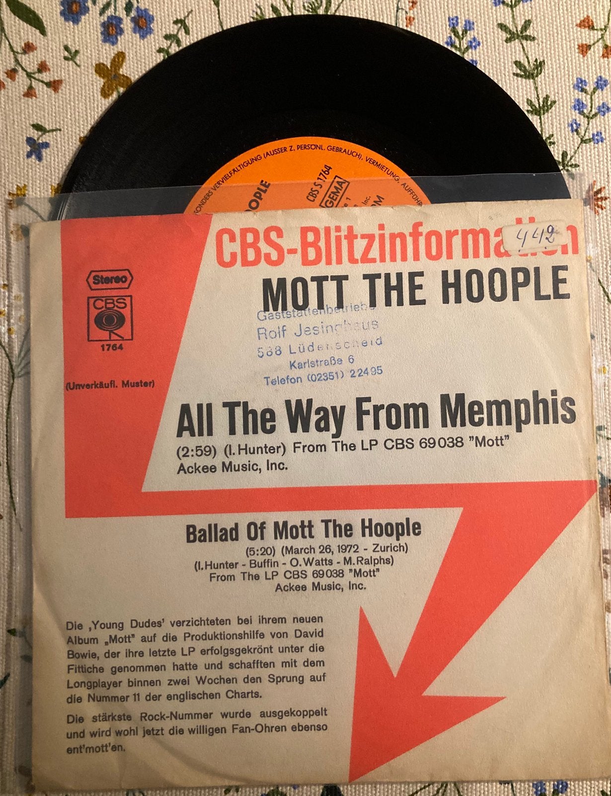 Vinyl single Mott the Hoople - All the way from Memphis, 7 inch, Ophalen of Verzenden, Zo goed als nieuw, Pop