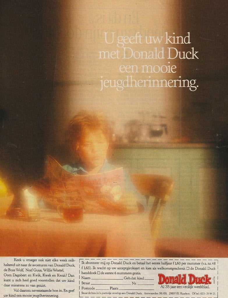 Retro reclame 1987 Donald Duck abonnement jongetje ontbijt, Verzenden, Overige typen