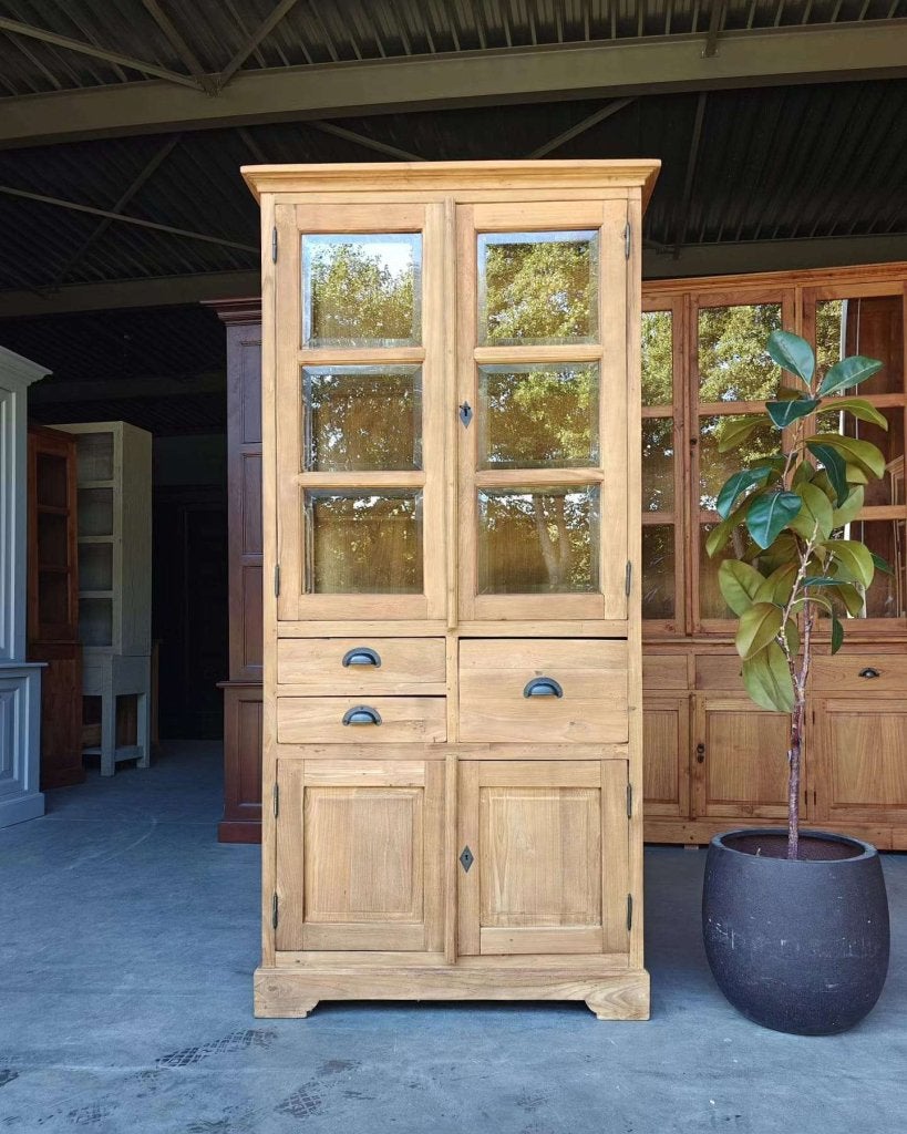 Prachtige smalle teakhouten vitrinekast | Buffetkast #4731, Gebruikt, -, 200 cm of meer, -
