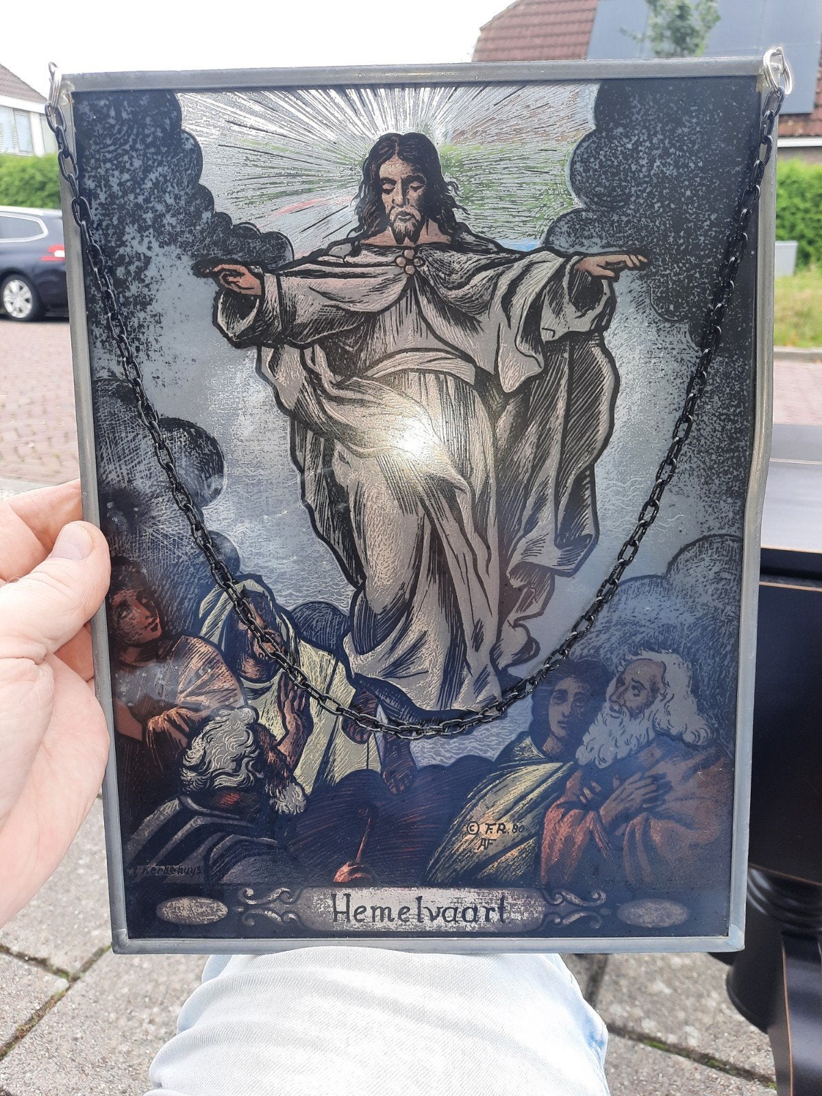 Vintage Hemelvaart Glas-in-lood Stijl Plaat - Gesigneerd, Ophalen of Verzenden