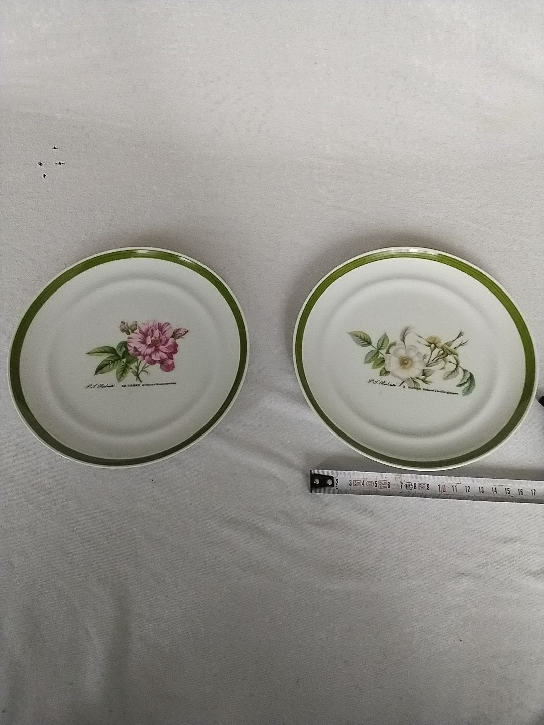 2x P.J. Redouté rozenborden met groene rand hutschenreuther, Ophalen of Verzenden