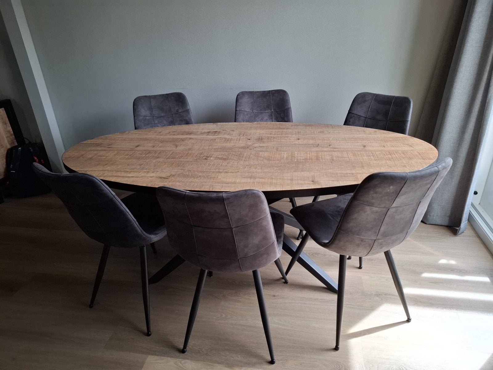 Mangohouten eettafel met 6 antraciet stoelen, Ophalen, Gebruikt, 100 tot 150 cm, 200 cm of meer