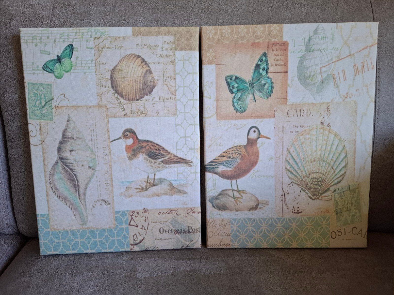 Set van 2 Canvas Schilderijen met Zeeleven en Vogels, Minder dan 50 cm, Ophalen of Verzenden, Zo goed als nieuw, Schilderij