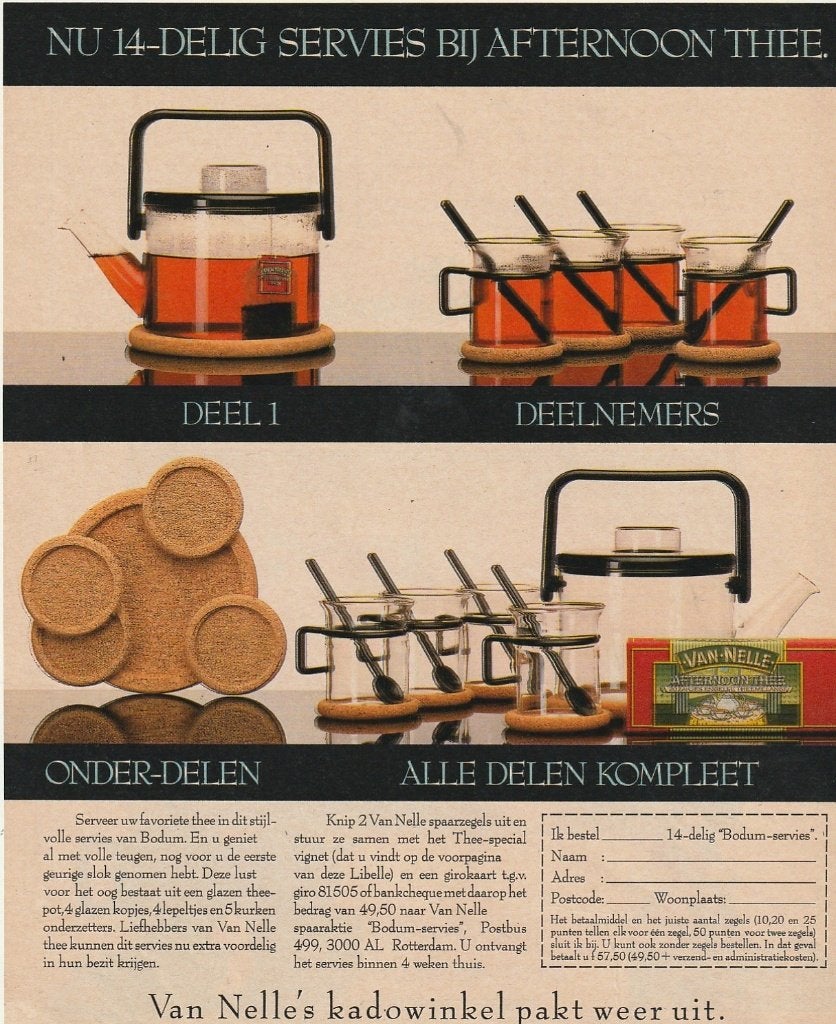 Retro reclame 1985 Van Nelle thee Bodum servies kopjes, Verzamelen, Verzenden, Overige typen