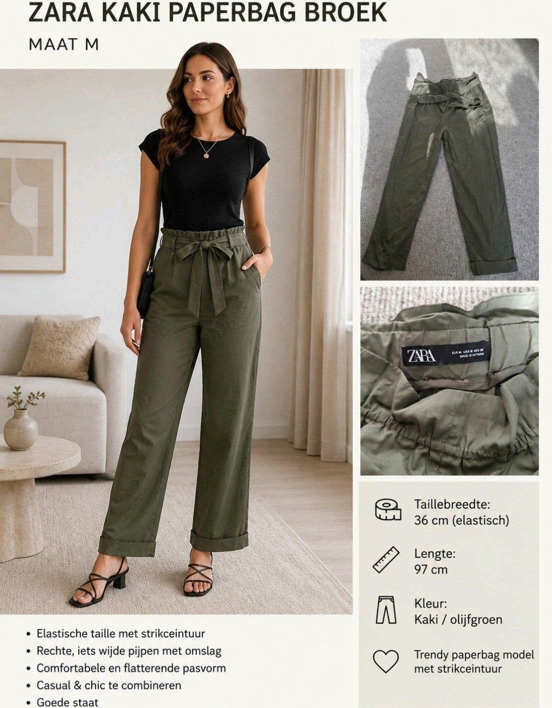 Zara Kaki Paperbag Broek Maat M, Kleding | Dames, Maat 38/40 (M), Zara, Ophalen of Verzenden, Lang
