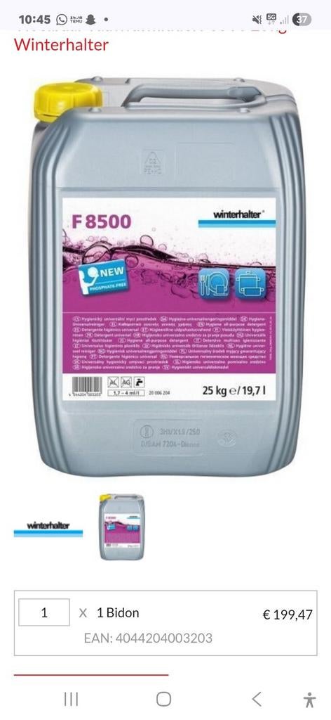 Vloeibaar vaatwasmiddel F8500 25kg Winterhalter, Minder dan 60 m³, Nieuw, 3 snelheden of meer, Ophalen of Verzenden