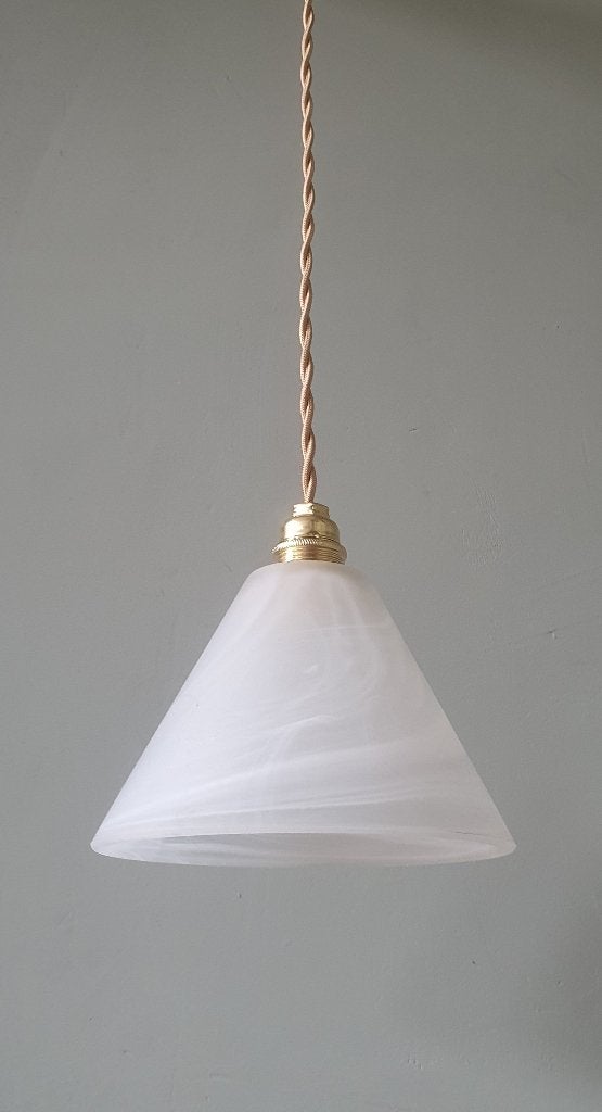 Vintage hanglampje met witte nevel / swirls - Murano, Gebruikt, E14 (klein), Ophalen of Verzenden, Glas