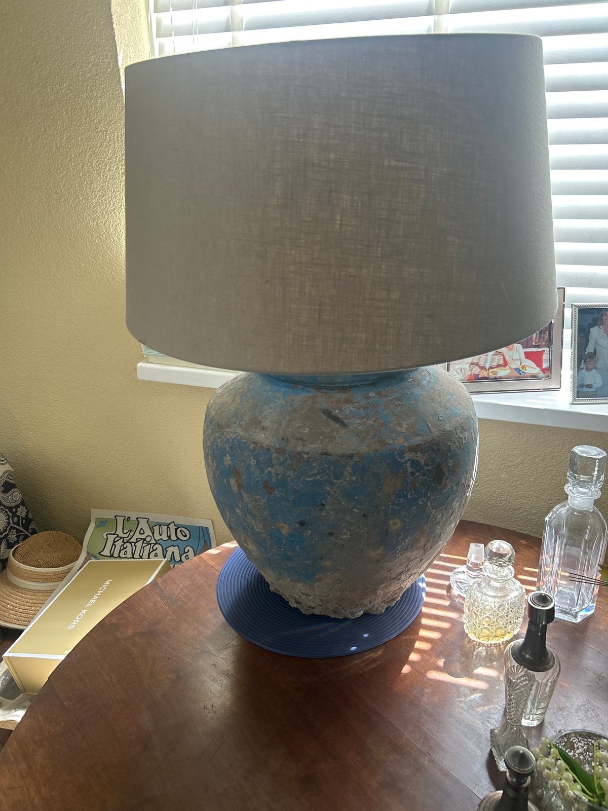 Artistieke lamp met oude steen look in blauwgrijs, Gebruikt, Rustiek, Steen/keramiek, Ophalen