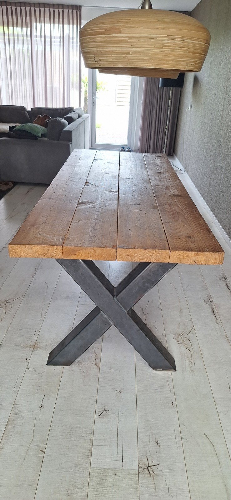 Eettafel met stalen X-poten, 216x86x78 cm. 6 persoons, Ophalen of Verzenden, Rechthoekig, 200 cm of meer, 50 tot 100 cm