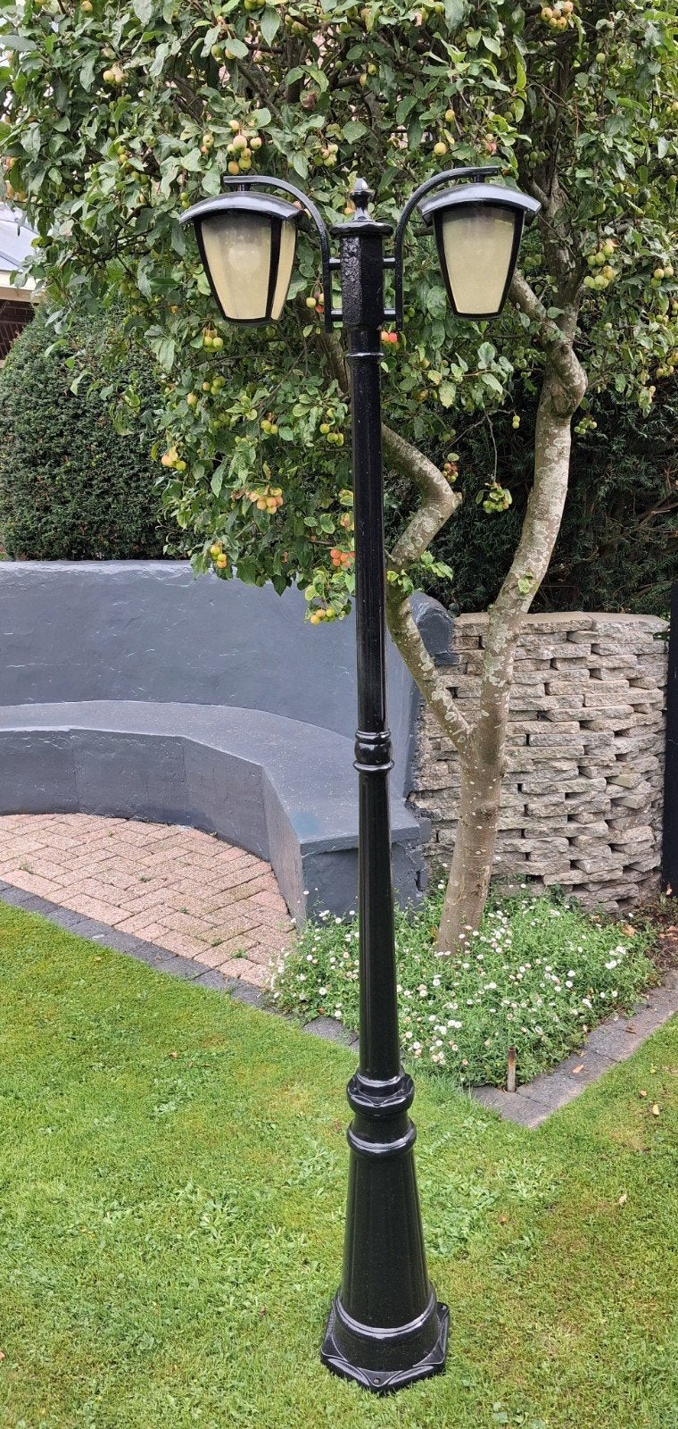 Zwarte buitenlamp lantaarnpaal met 2 lampen, Tuin en Terras, Ophalen, Gebruikt, Staande lamp, Aluminium