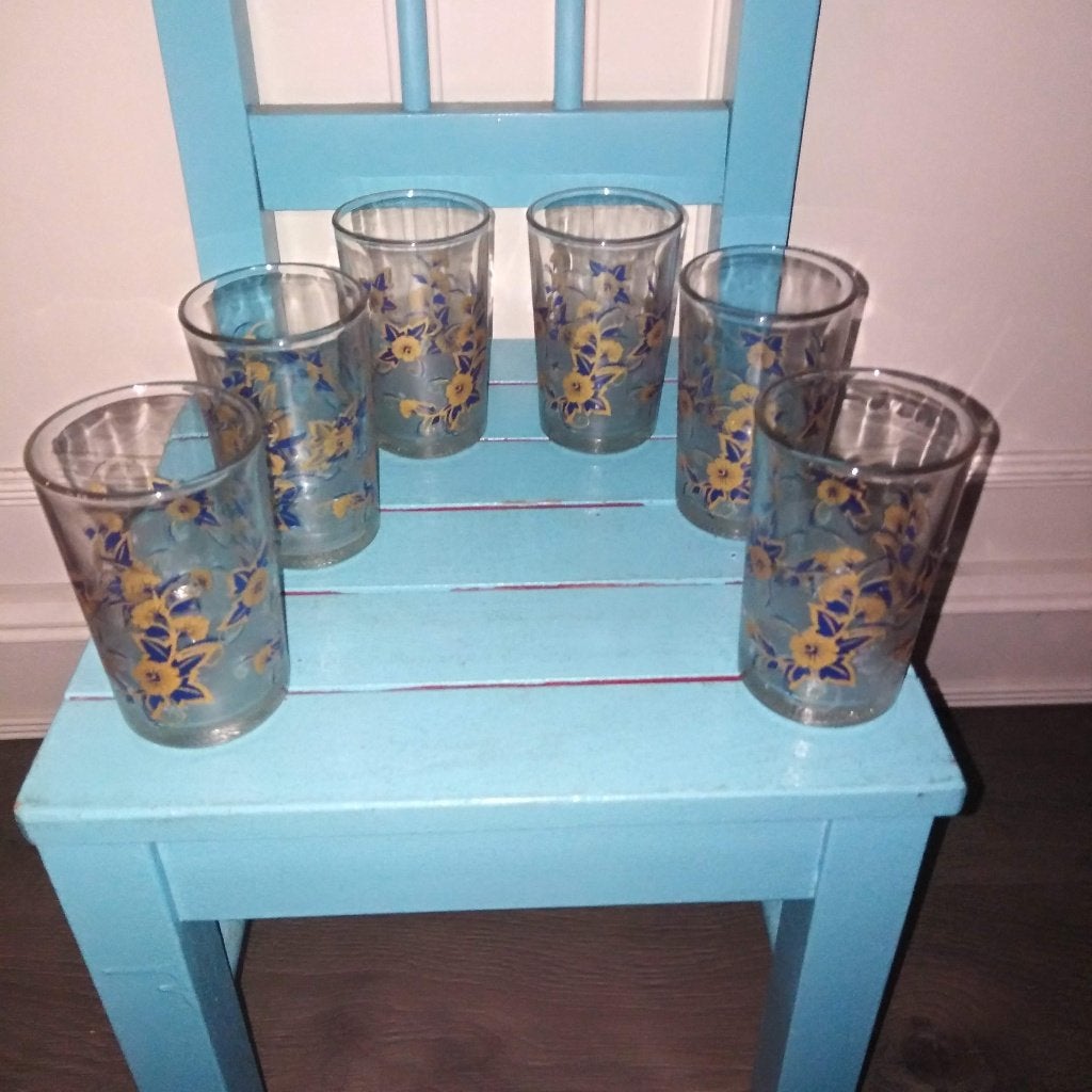 Limonade glaasjes met goudblauwe bloem afbeelding vintage, Ophalen, Glas of Glazen, Gebruikt, Glas