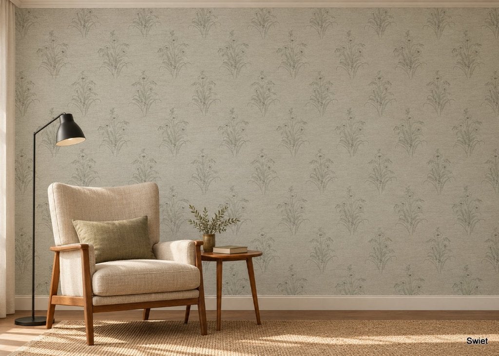 14185 Jaren 70 behang met klaprozen op beige jutelook swiet, Ophalen of Verzenden, Beige