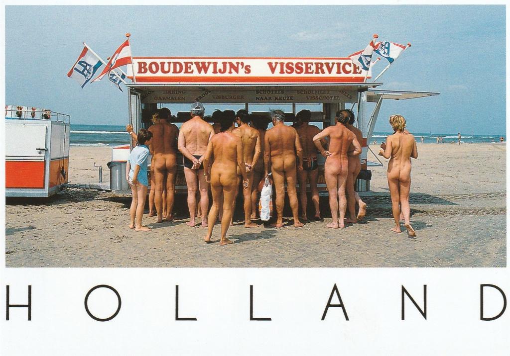 Blote billen op het nudistenstrand-Viskraam aan de noordzee., Ophalen, 1980 tot heden, Ongelopen, Cultuur en Media