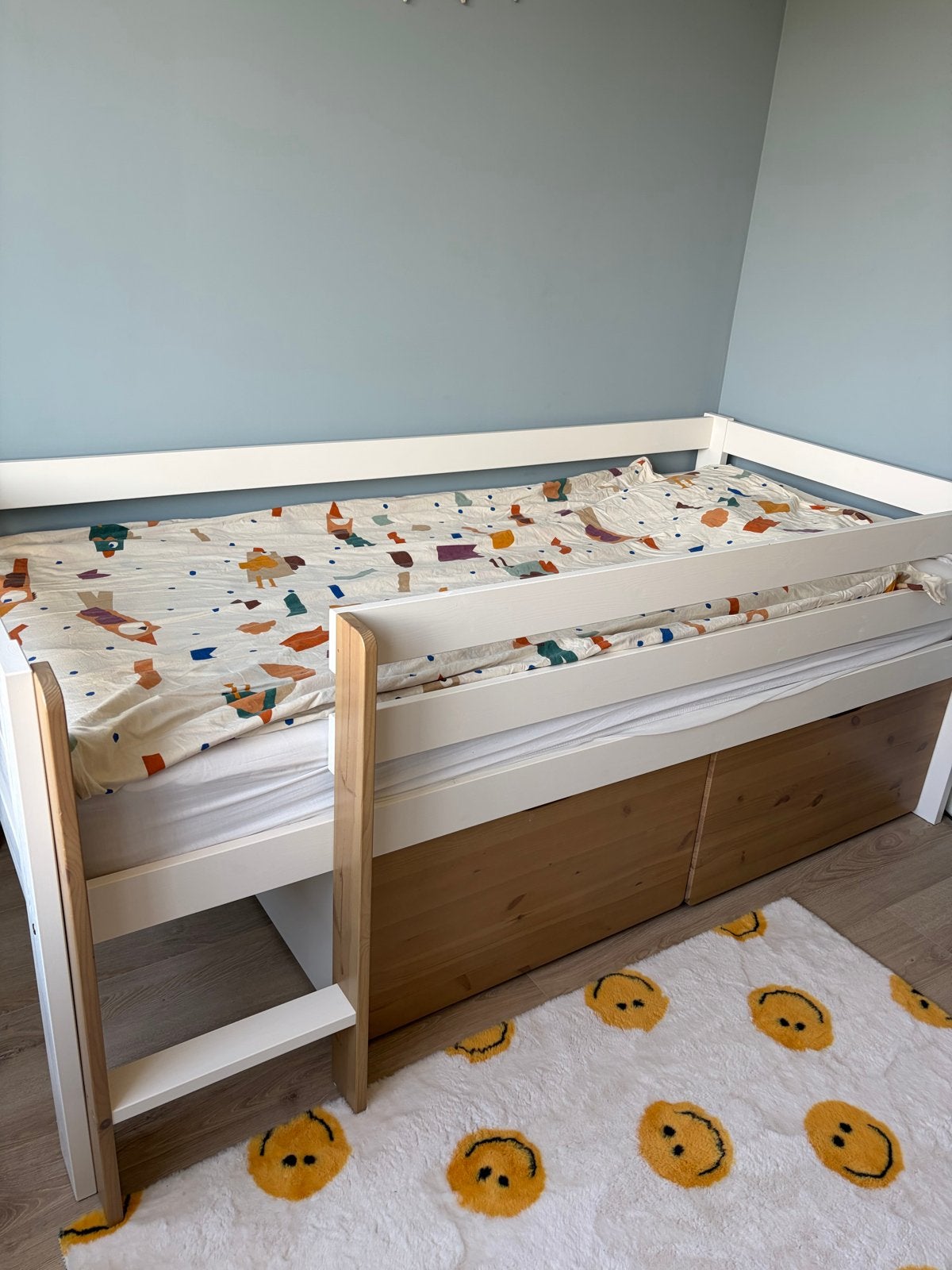 Halfhoogslaper met lades 90x200 cm- Wit/Hout, Ophalen, Hoogslaper of Stapelbed, 180 cm of meer, 100 cm of meer