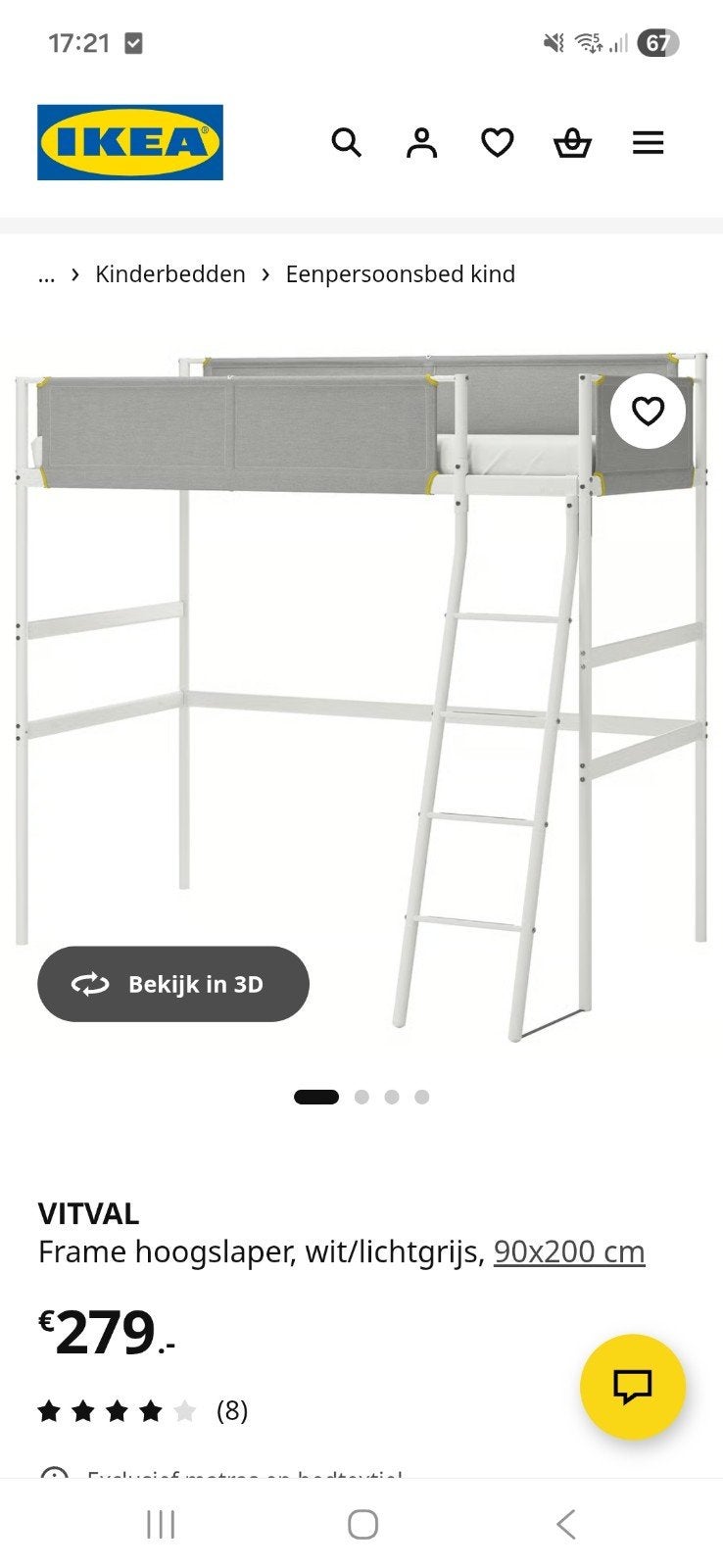 IKEA VITVAL Hoogslaper wit/lichtgrijs 90x200 cm, Gebruikt, Eenpersoons, Ophalen of Verzenden, 200 cm