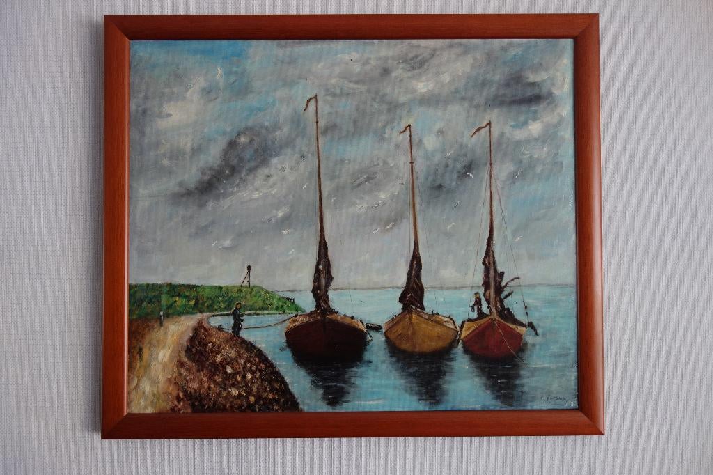 Schilderij afb. vissersboten IJsselmeer, Ophalen of Verzenden, Zo goed als nieuw, Schilderij, Minder dan 50 cm