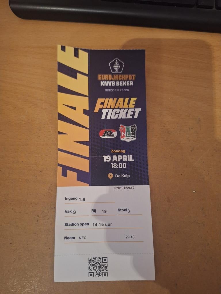 TICKET 2026 KNVB Bekerfinale AZ v NEC 4,40 incl porto, Ophalen of Verzenden, Overige typen