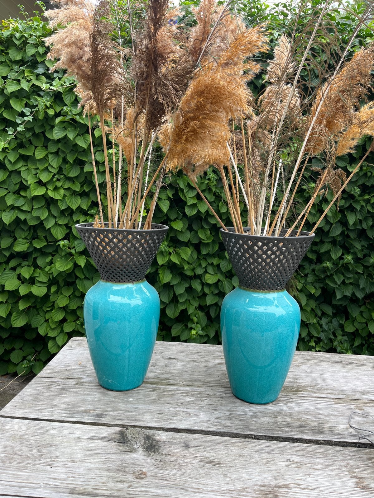 Set van 2 turquoise vazen met metalen rooster, Ophalen