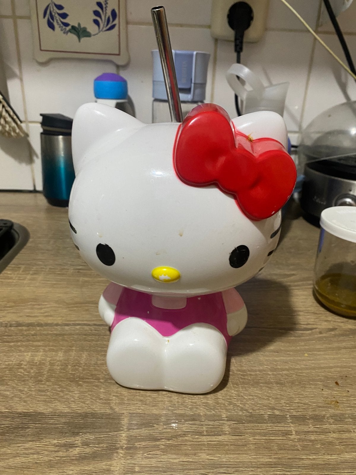Hello Kitty Mate Beker met Rietje - Roze/Wit, Ophalen of Verzenden, Gebruikt