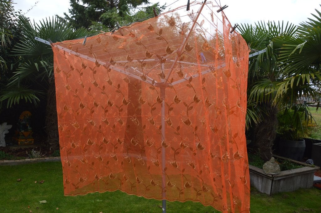 lap oranje stof / voile/ gaasstof tulpen bloemen pailletten, 120 cm of meer, Nieuw, Oranje, Ophalen of Verzenden