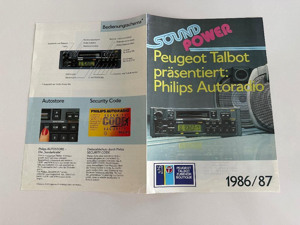Folder Peugeot Talbot Philips autoradio 1986/87, Boeken, Ophalen of Verzenden, Zo goed als nieuw, Peugeot