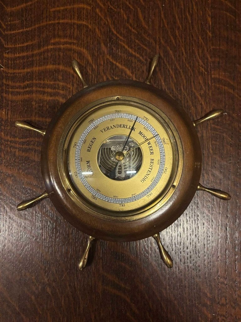 Vintage barometer in houten stuurwiel met messing spaken, Gebruikt, Niet bekend (tweedehands product), Onbekend (tweedehands product)