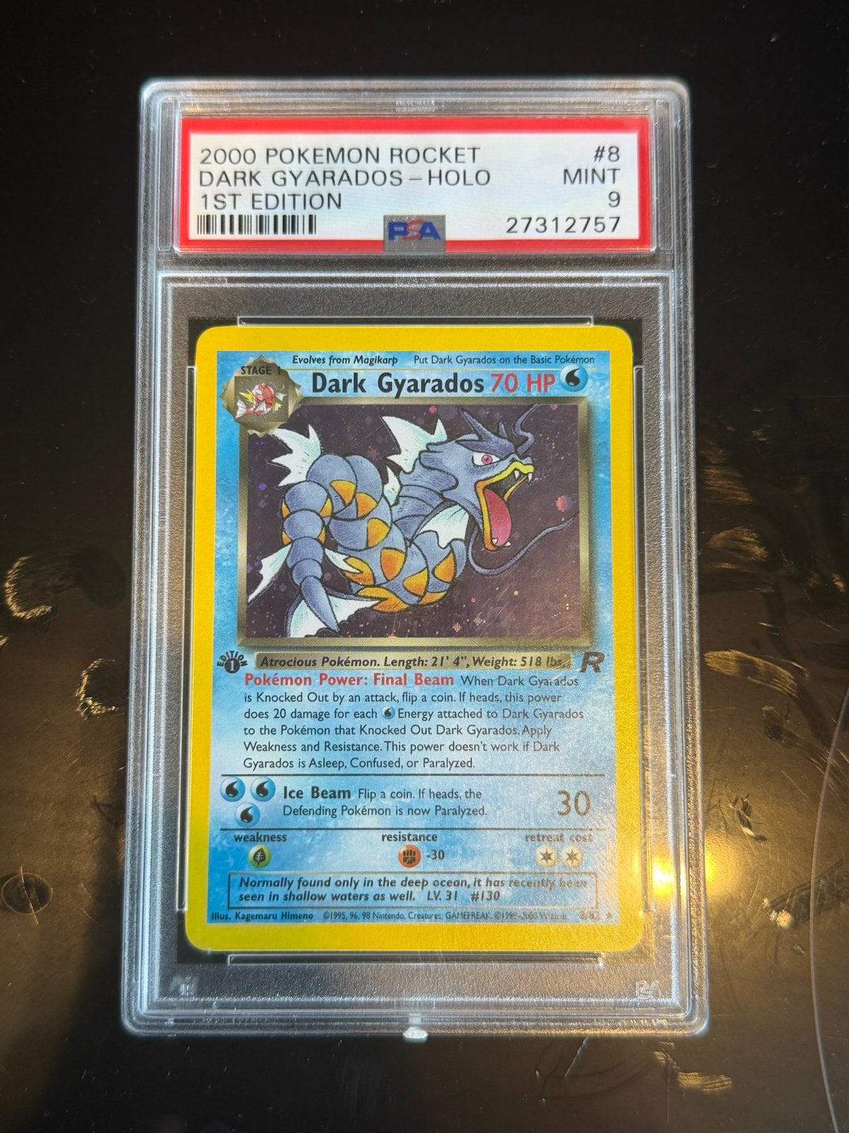 PSA 9 MINT Dark Gyarados Holo 1st Edition Pokémon Rocket, Hobby en Vrije tijd, Verzamelkaartspellen | Pokémon, Ophalen of Verzenden