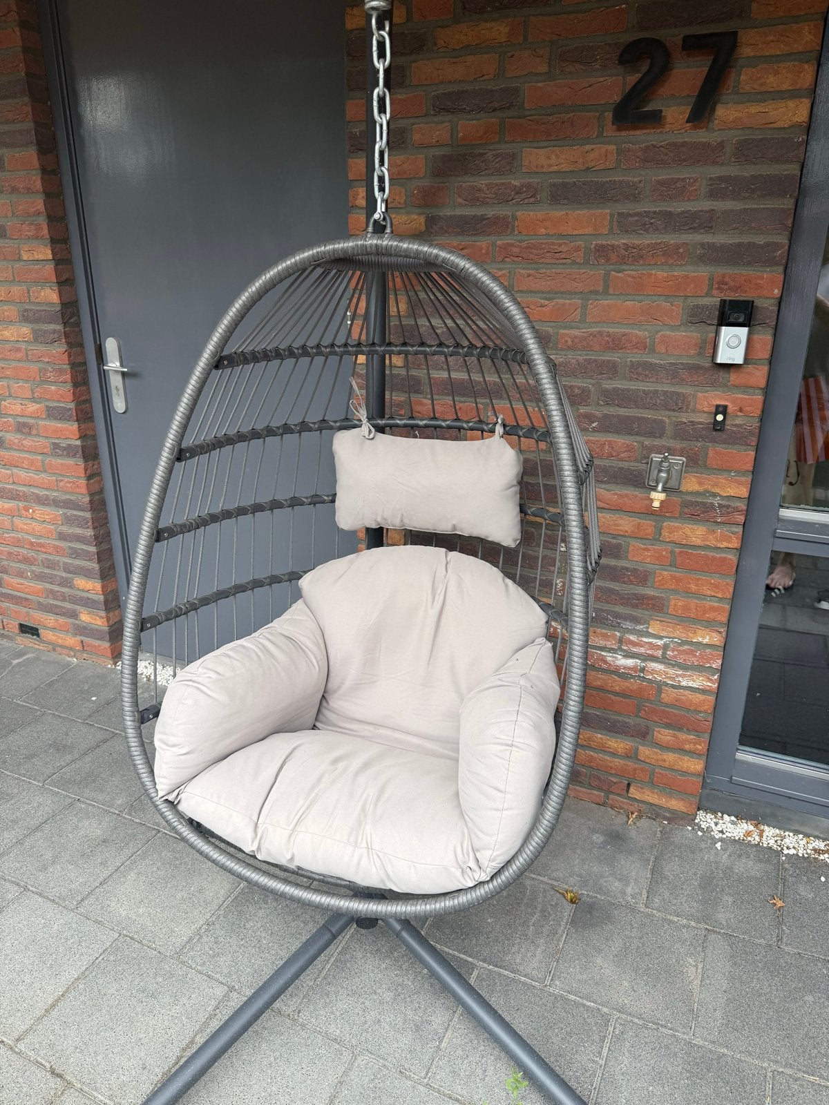 Verona Hangstoel met Antraciet Vlechtwerk en Kussens, Ophalen, Zo goed als nieuw, Aluminium, Inklapbaar