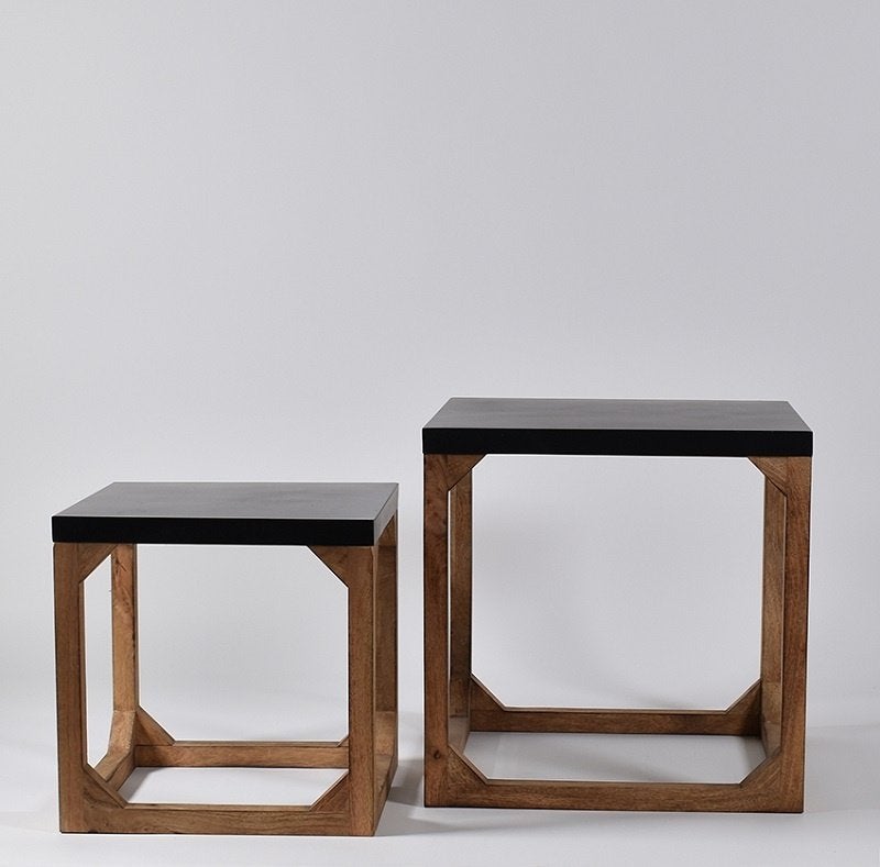Salontafel set mango hout met metalen tafelblad, Ophalen of Verzenden, Nieuw, Zwart, Metaal
