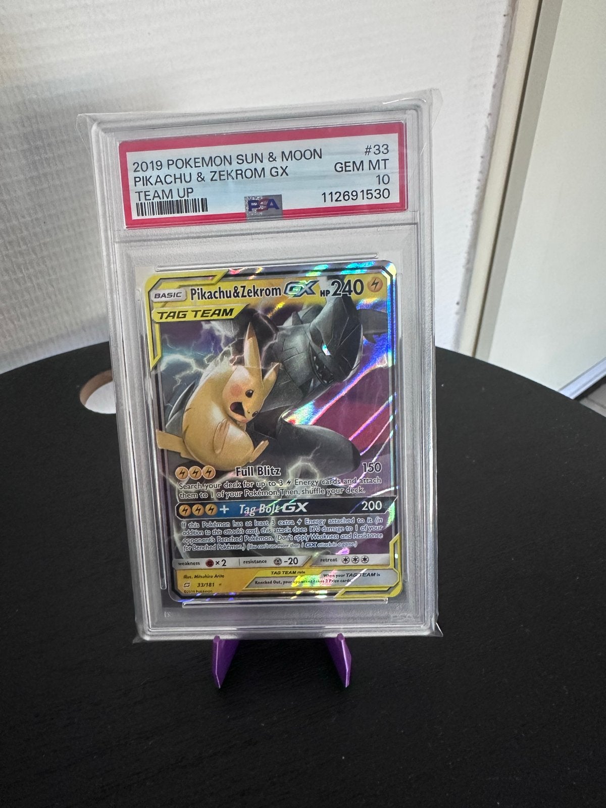 Pikachu & Zekrom GX PSA 10 - Team Up #33 Pokémon Kaart, Hobby en Vrije tijd, Ophalen of Verzenden, Zo goed als nieuw, Losse kaart