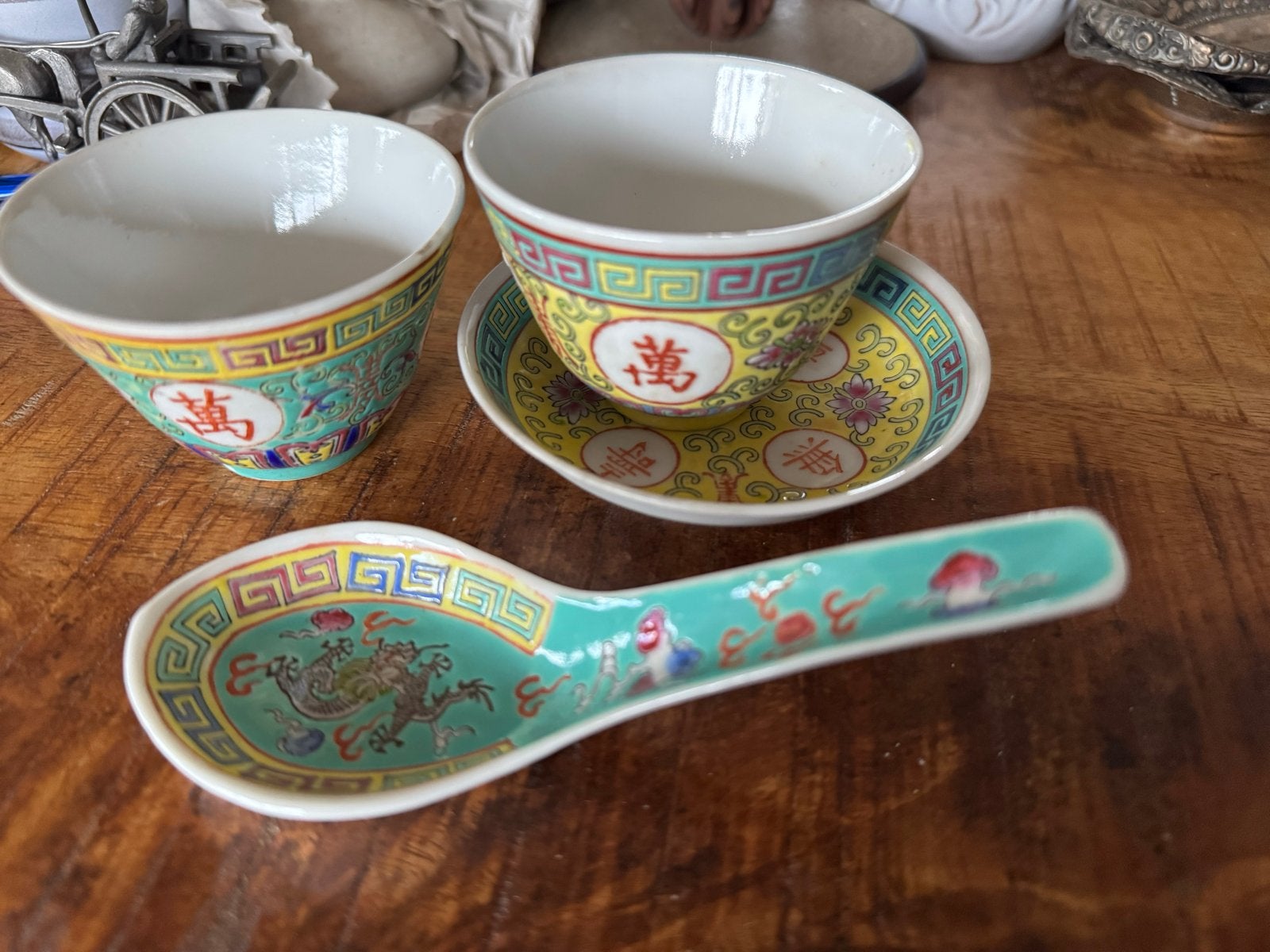 Vintage Chinees porseleinen theeservies met lepel, Ophalen of Verzenden