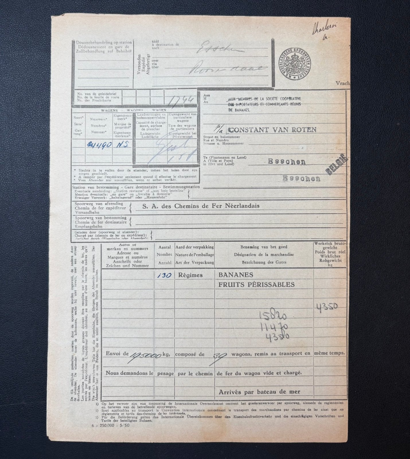 Vrachtbrief bananen van Rotterdam Zuid naar Essen (1951), Verzamelen, Ophalen of Verzenden, Gebruikt, Trein