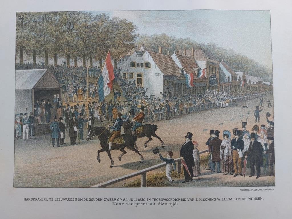 16  Chromolitho 1910 Leeuwarden draverij met Koning Willem I, Antiek en Kunst, Ophalen of Verzenden