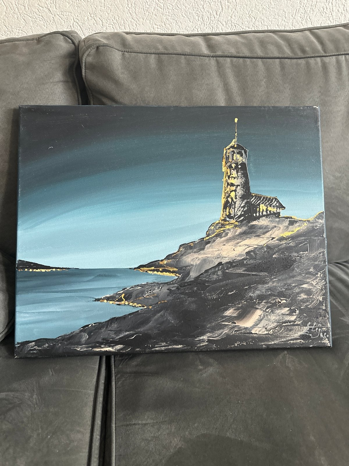 Schilderij vuurtoren aan zee - 40x50 cm LL. Lijn., Landschap, Acrylverf, Ophalen of Verzenden, Gesigneerd
