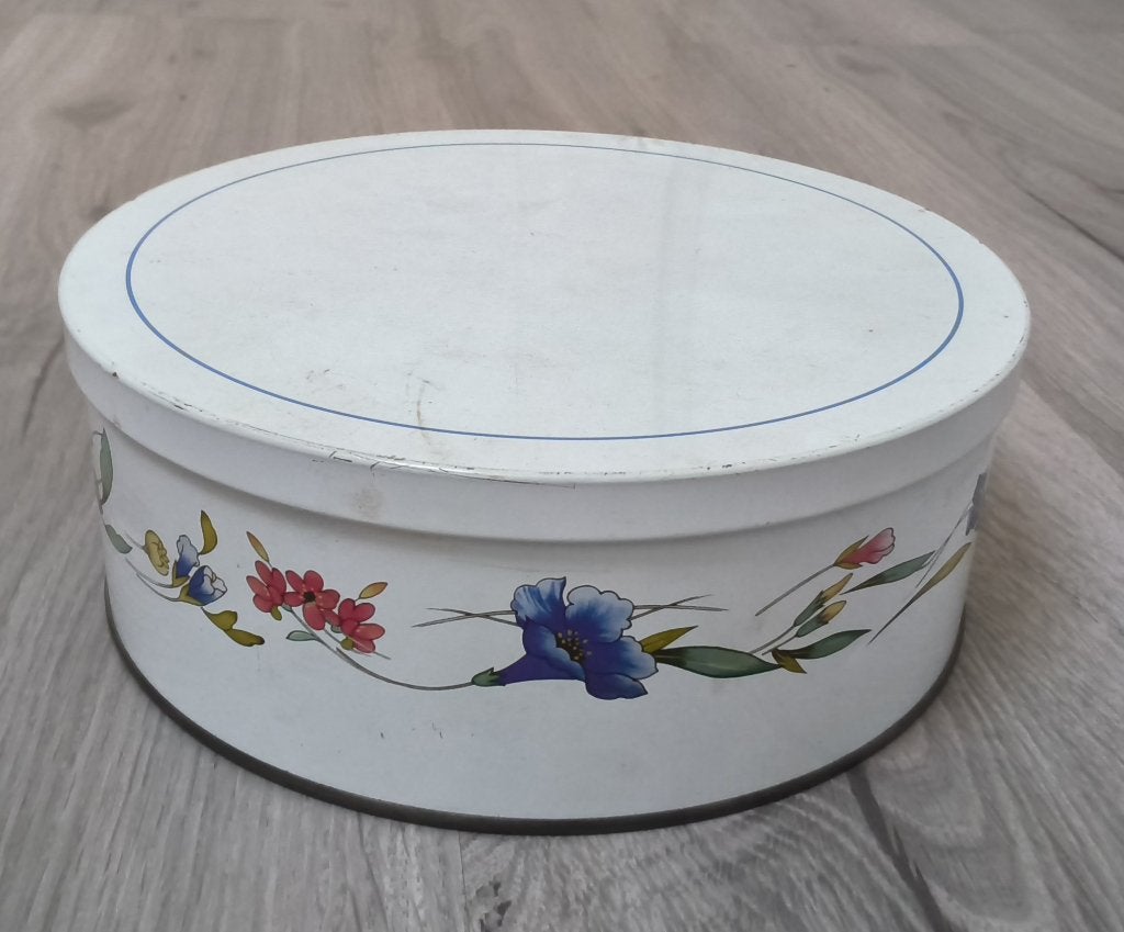 vintage ronde koektrommel met een wit-blauwe Boerenbont, Verzenden, Gebruikt, Koek(jes)