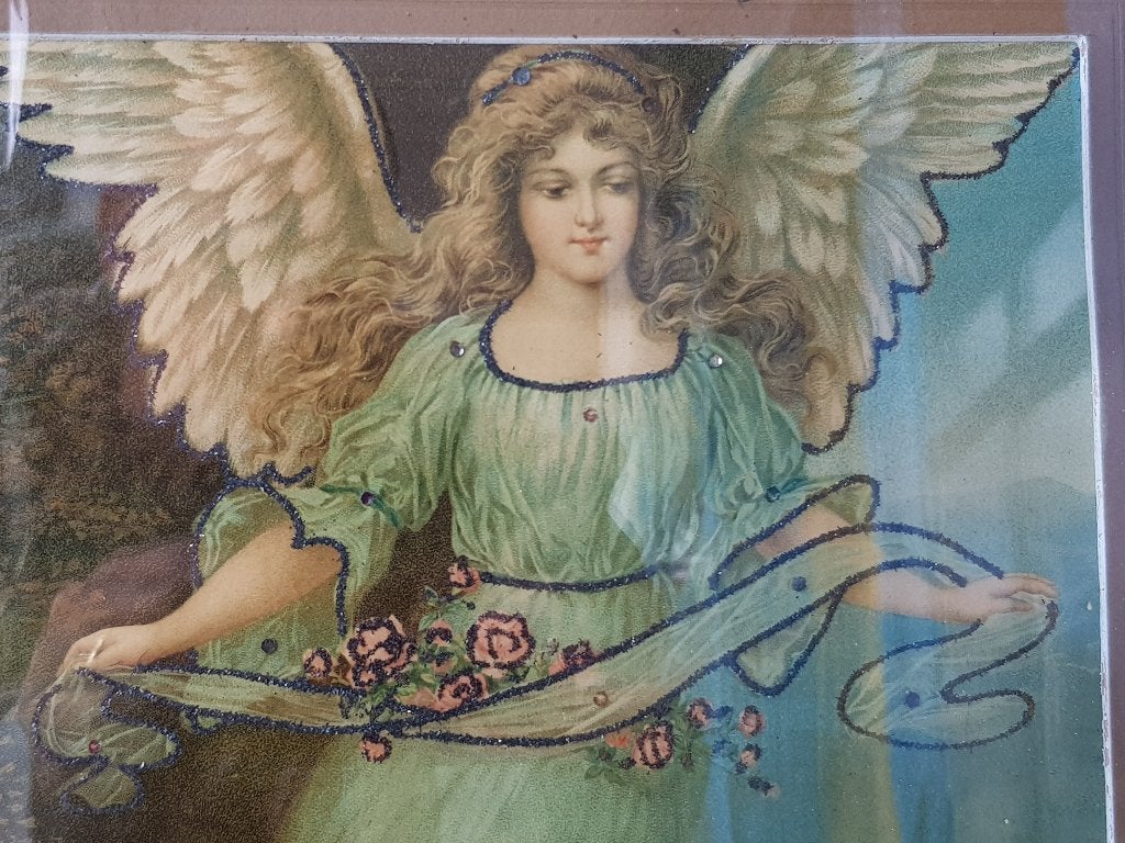 Antieke Engelse ingelijste prent met engel en kinderen., Ophalen of Verzenden